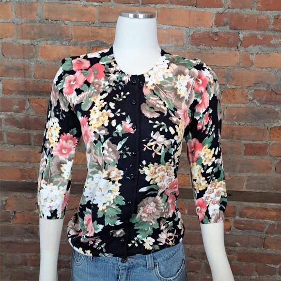 Linea by Louis Dell Womens Cardigan Sweater Black Floral Print 3/4 Sleeves XS - Picture 1 of 6